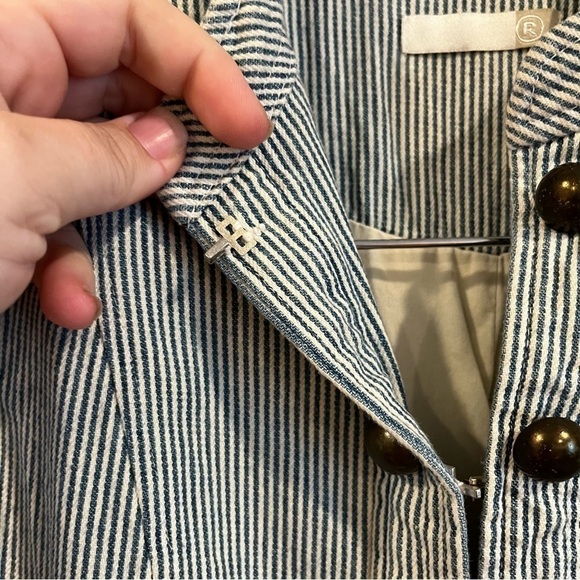 R blue and white stripe cotton denim chambray military jacket size 4 - Picture 8 of 12